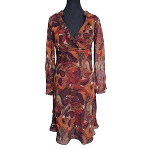 Women's Paisley Print Ruffled V-Neck Long Sleeve Below the knee Dress, Size M/L